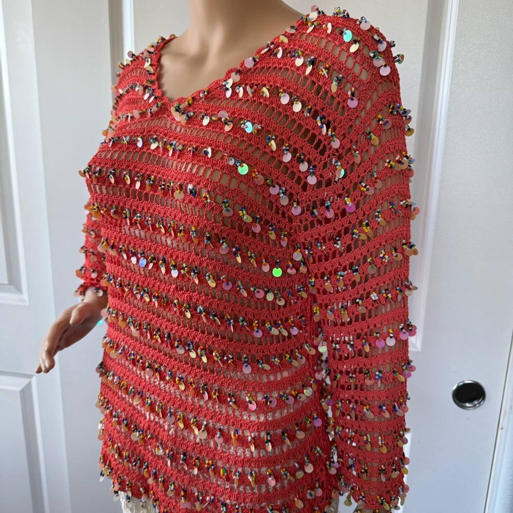 handcrafted MICRO CROCHET 🧶 coral orange SHEER sequin beaded sweater M L beachy